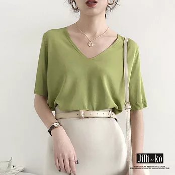 【Jilli~ko】韓版質感冰絲涼爽V領針織上衣 J7365　FREE 綠色