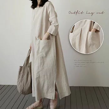 【A.Cheter】韓國森林悠靜大口袋寬鬆棉麻洋裝#106397F白