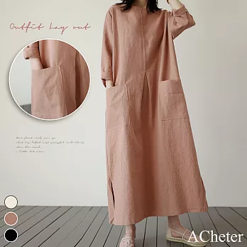 【A.Cheter】韓國森林悠靜大口袋寬鬆棉麻洋裝#106397F紅