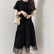 【MsMore】韓國文藝純色拼接網紗棉麻洋裝#106407L黑