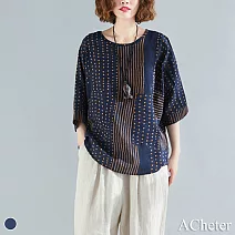 【A.Cheter】日系復古文藝波點拼接條紋撞色棉柔上衣#106454F深藍