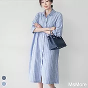 【MsMore】韓國氣質寬鬆舒適中長條紋開襟襯衫#106527 L 藍