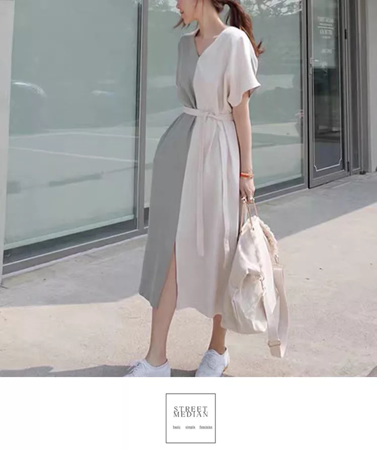 預購 0g279 韓版y字荷葉領拼接撞色洋裝附腰帶 沛沛全尺碼