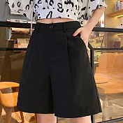 【MsMore】韓國高腰知性纖瘦寬版六分短西裝褲#106734XL黑