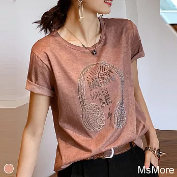 【MsMore】韓版耳機燙鑽涼感絲棉T恤上衣#107019M橘