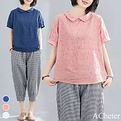 【A.Cheter】日式雜誌蕾絲棉麻澎袖寬鬆上衣#106984L粉紅