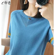 【初色】撞色短袖針織衫-共11色-96403(F可選) F 霧霾藍