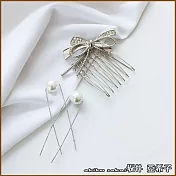 『坂井．亞希子』華麗閃亮蝴蝶結造型珍珠髮插三件組 -白金色