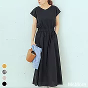 【MsMore】日本夏涼鞋時尚感穿搭純色寬鬆緊腰棉麻洋裝#106927XL黑