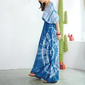 【潘克拉】藍染波紋縮腰飄逸縲縈連衣裙 TM1319　FREE藍色
