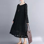 【MsMore】法國香風蕾絲彈力寬鬆長袖洋裝#107461L黑