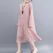 【MsMore】法國香風蕾絲彈力寬鬆長袖洋裝#107461M粉紅