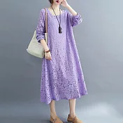 【MsMore】法國香風蕾絲彈力寬鬆長袖洋裝#107461L紫