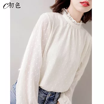 【初色】花邊立領雪紡襯衫-共2色-97058(M-2XL可選) M 白色