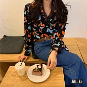 【Jilli~ko】撞色藝術印花襯衫 M/L J7858　M黑色