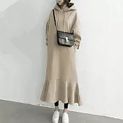 【MsMore】韓國連帽舒棉美人燈籠袖長洋裝#107882F卡其