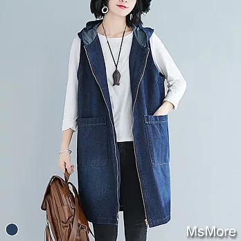 【MsMore】日本風尚寬鬆連帽背心牛仔外套#107966M藍