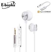 E-books SS23 磁吸線控耳塞式耳機附Type C音源轉接線白