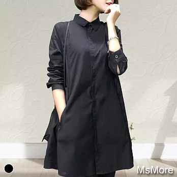 【MsMore】韓版風衣款設計棉麻長版襯衫#108169M黑