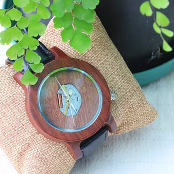 大森竹子.木質生活47mm紅木框鏤空錶面真皮錶帶