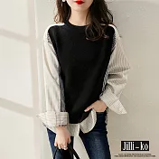 【Jilli~ko】時尚條紋拼接休閒上衣 M/L/XL 8020　L黑色