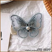 『坂井.亞希子』日本森林系手工刺繡蝴蝶造型髮夾 -灰藍色