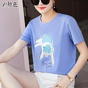 【初色】貓咪插畫印花T恤-藍紫-98215(M-2XL可選) M 藍紫