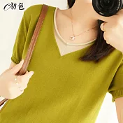 【初色】拼色假兩件針織衫-共6色-98274(M-2XL可選) M 黃色