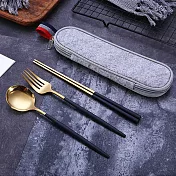 【EZlife】304不鏽鋼歐式便攜餐具毛氈袋三件套- 黑色