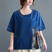 【ACheter】日本大阪和服印花拼接棉麻寬鬆上衣#108908 F 藍