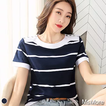 【MsMore】愛戀時尚條紋設計款T恤上衣 #j108940- XL 藍