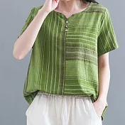 【ACheter】日本春夏自然風條紋寬鬆棉麻上衣#108781- XL 綠
