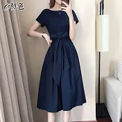 【初色】法式純色綁帶連身裙-共5色-96704(M-2XL可選) XL 藍色