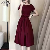 【初色】法式純色綁帶連身裙-共5色-96704(M-2XL可選) M 酒紅色