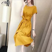 【初色】法式純色綁帶連身裙-共5色-96704(M-2XL可選) M 黃色