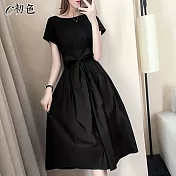 【初色】法式純色綁帶連身裙-共5色-96704(M-2XL可選) M 黑色
