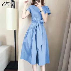【初色】法式純色綁帶連身裙─共5色─96704(M─2XL可選) M 淺藍色