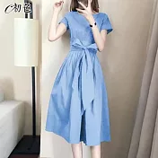【初色】法式純色綁帶連身裙-共5色-96704(M-2XL可選) XL 淺藍色