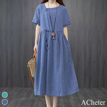 【ACheter】文藝細帶收腰盤扣棉麻純色洋裝#108866 M 藍