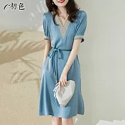 【初色】氣質繫帶收腰連身裙-共2色-98637(M-2XL可選) XL 天藍色