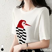 【MsMore】韓風刺繡鳥兒顯瘦條紋冰絲針織上衣#109096 F 白