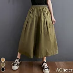 【ACheter】2021春夏新款鬆緊腰打摺顯瘦棉麻大寬褲#109117- L 綠