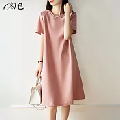 【初色】圓領燙鑽連身裙-共2色-98761(M-XL可選) M 粉色