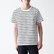 [MUJI無印良品]男有機棉天竺橫紋圓領短袖T恤 M 白橫紋