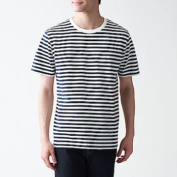 [MUJI無印良品]男有機棉天竺橫紋圓領短袖T恤 XS 暗藍橫紋