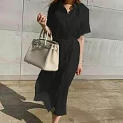 【ACheter】韓國狎鷗亭約會簡約棉麻寬鬆襯衫洋裝#109181- XL 黑