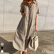 【ACheter】韓國狎鷗亭約會簡約棉麻寬鬆襯衫洋裝#109181- M 卡其