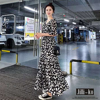 【Jilli~ko】韓版雛菊印花氣質連衣裙 21085　 FREE 黑色