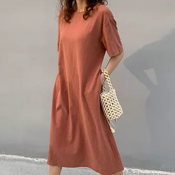 【ACheter】韓國chic風慵懶時尚側系帶棉麻洋裝#109180- F 磚紅