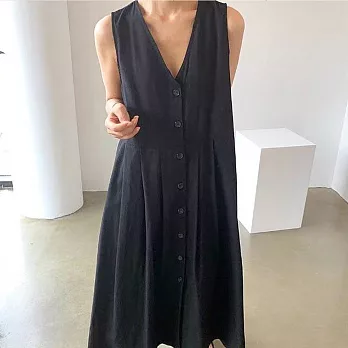 【ACheter】韓國東大門2021夏季復古背後排扣無袖棉麻洋裝#109190- F 黑